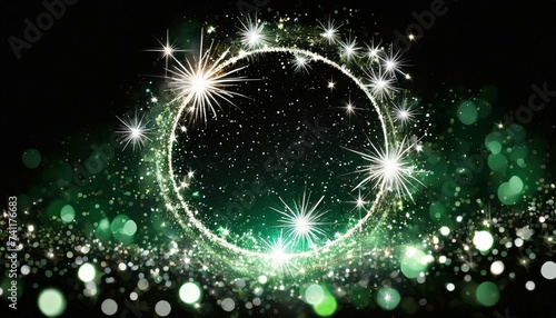 stars, magic stars glow Bwhite glitter circle of light shine sparkles and green spark particles in circle frame on black stars glow, firework confetti of glittery ring shimmer, wallpaper shine  photo