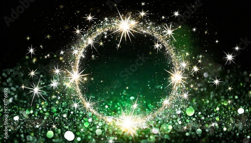 new fireworks,stars, magic stars glow Bwhite glitter circle of light shine sparkles and green.park particles in circle frame on black stars glow, firework confetti of glittery ring shimmer, wallpaper  photo