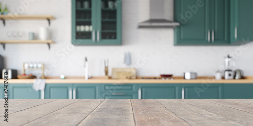 Green kitchen interior background with focus on wooden table in kitchen and blurred background. 3d rendering photo