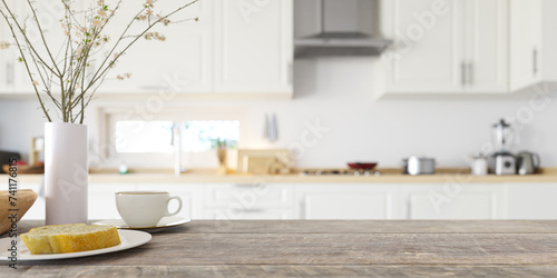 Canvastavla White kitchen interior background with focus on kitchen wooden table and blurred background