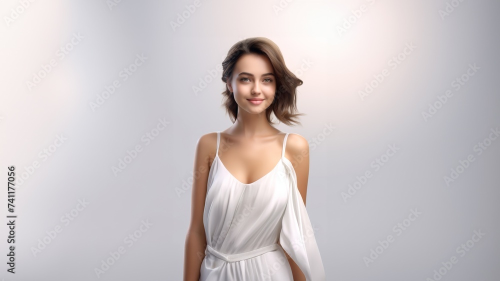 3D-rendered portrait featuring a beautiful woman adorned in a fashion-forward white silk dress, exuding enchantment and grace. Generative AI. 3D-rendered portrait featuring a beautiful woman adorned in a fashion-forward white silk dress, exuding enchantment and grace. Generative AI.