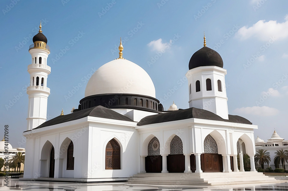 A white and black mosque with a white dome background Ai generative.