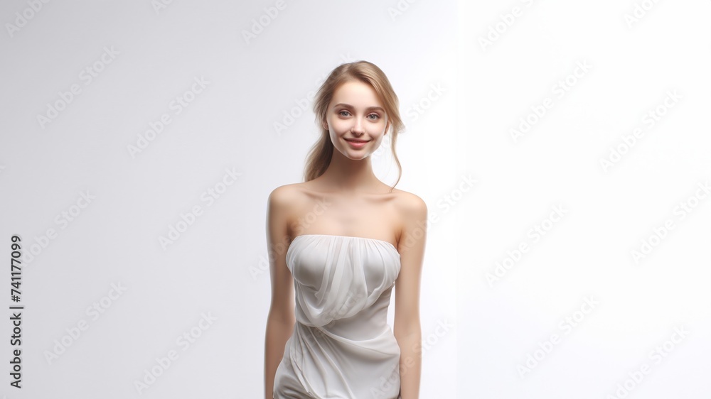 3D-rendered portrait featuring a beautiful woman adorned in a fashion-forward white silk dress, exuding enchantment and grace. Generative AI. 3D-rendered portrait featuring a beautiful woman adorned in a fashion-forward white silk dress, exuding enchantment and grace. Generative AI.