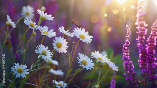 a bunch of daisies are growing in a garden with purple flowers in the background