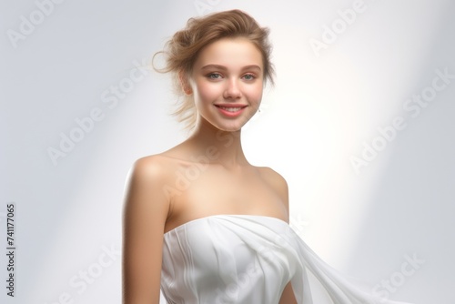 3D-rendered portrait featuring a beautiful woman adorned in a fashion-forward white silk dress, exuding enchantment and grace. Generative AI.