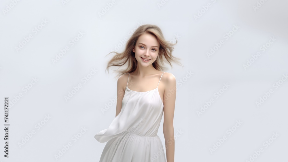 3D-rendered portrait featuring a beautiful woman adorned in a fashion-forward white silk dress, exuding enchantment and grace. Generative AI. 3D-rendered portrait featuring a beautiful woman adorned in a fashion-forward white silk dress, exuding enchantment and grace. Generative AI.