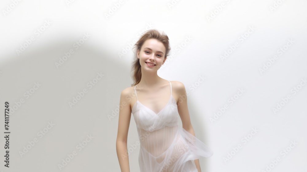 3D-rendered portrait featuring a beautiful woman adorned in a fashion-forward white silk dress, exuding enchantment and grace. Generative AI. 3D-rendered portrait featuring a beautiful woman adorned in a fashion-forward white silk dress, exuding enchantment and grace. Generative AI.