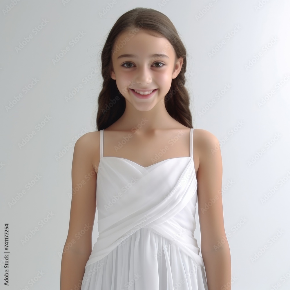 3D-rendered portrait featuring a beautiful woman adorned in a fashion-forward white silk dress, exuding enchantment and grace. Generative AI. 3D-rendered portrait featuring a beautiful woman adorned in a fashion-forward white silk dress, exuding enchantment and grace. Generative AI.