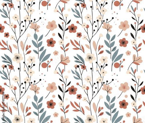 Beautiful Floral Pattern Illustration in Natural Hues. Large Seamless Flower Sequence of hand-drawn Spring Blossoms. Poppy Cherry Blossom Nature Vector Art Background