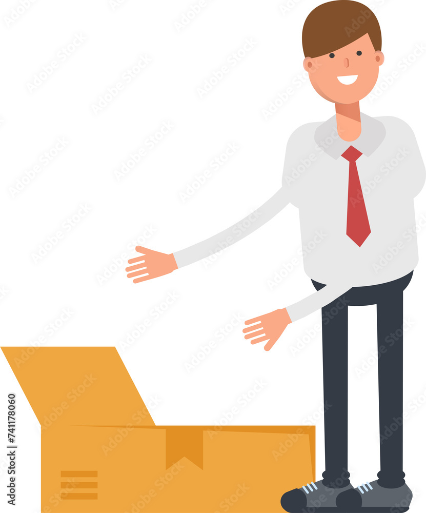 Obraz premium Businessman Character Opening Box 