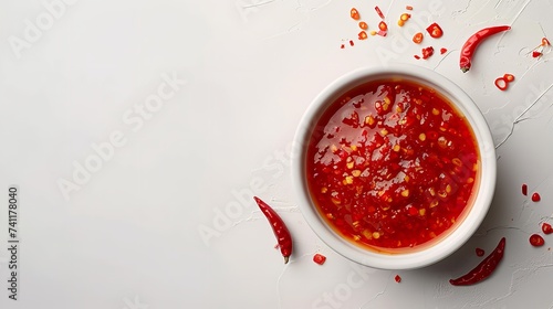 High perceive of a tiny white bowl with red chili sauce on a white setting and space, Generative AI. photo