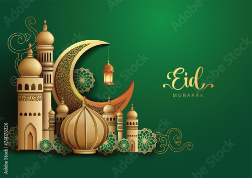 Eid mubarak and Ramadan Kareem art greetings with red mosque and green background. abstract vector illustration design.