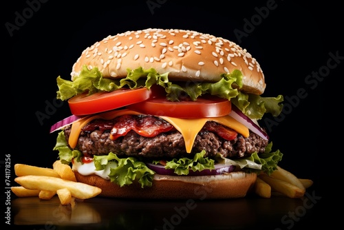 hamburger on black background, delicious cheeseburger on a black background, cheeseburger with lettuce, tomato, cheese slice, pickle, hamburger on black, classic cheeseburger on black, easy to cut out