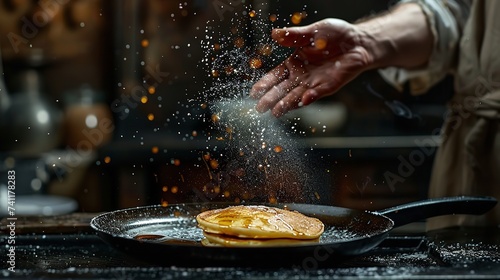 Holding a frying pan, the hand of a male goes a pancake in the air over a kitchen and space, Generative AI.