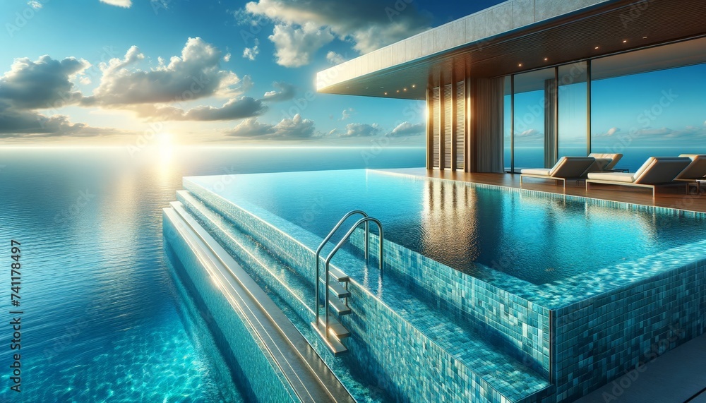 Luxurious Infinity Pool Overlooking the Ocean with a Clear Blue Sky at a Modern Resort