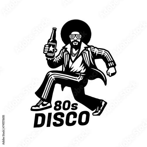 Dancing man in 80s outfit holding beer bottle silhouette logo vector illustration.
