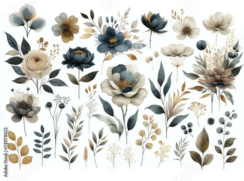 Elegant Botanical Illustration watercolor of Navy Blue and Gold Flowers with Decorative Foliage
