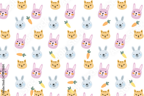 Fototapeta Naklejka Na Ścianę i Meble -  Rabbit and Cat Seamless Cartoon Pattern with Flowers and Owls for Baby Nursery Wallpaper and Kids' Design Fun