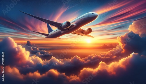 Commercial Airplane Soaring in the Sunset Sky Amongst Majestic Orange Clouds
