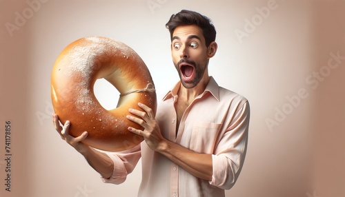 Surprised Young Man Holding a Gigantic Bagel with Amazement on a Neutral Background photo