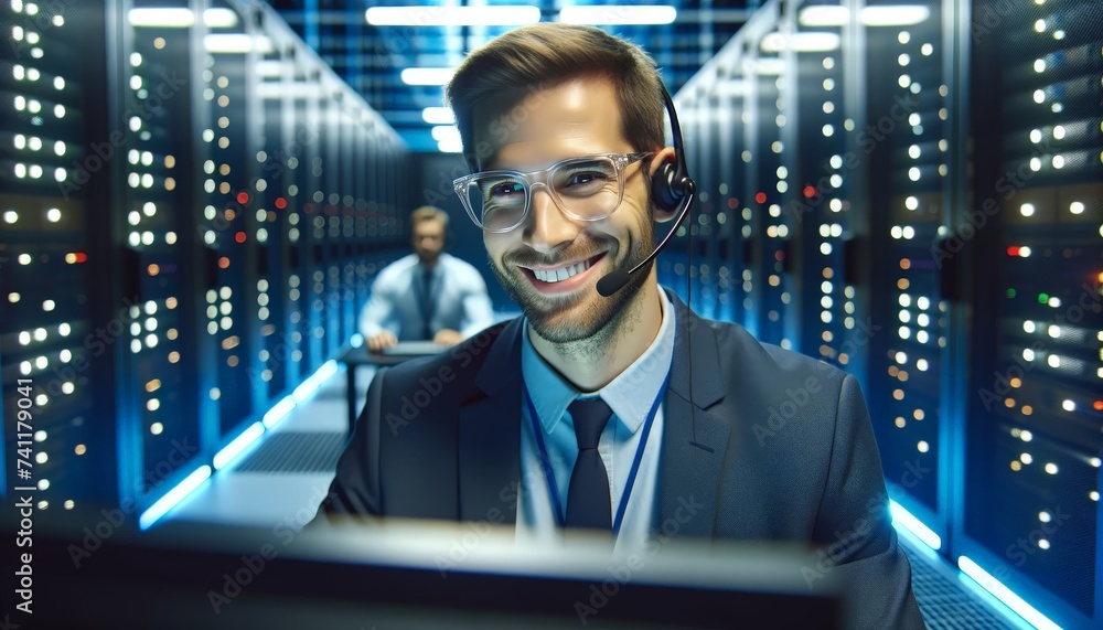 Smiling Technical Support Male Operator with Headset in Server Room Data Center