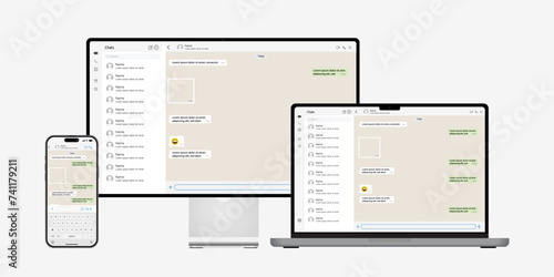 Notebook computer, desktop, and smartphone with messenger application on the screen. Messenger conversation mockup. Messager and SMS UI template and communication in social media network. Vector