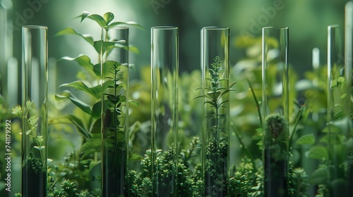 Many green plants in test tube with green plants in backdrop with a big empty space, Generative AI.