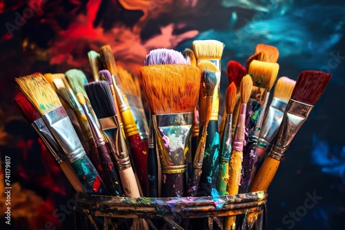 Row of paintbrushes covered with paint, brushes and paints, children's drawing, children's creativity