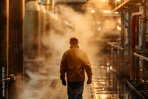 Factory worker standing in industrial tunnel
