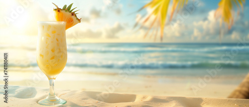Refreshing pina colada on a tropical paradise beach with sunny summer vibes