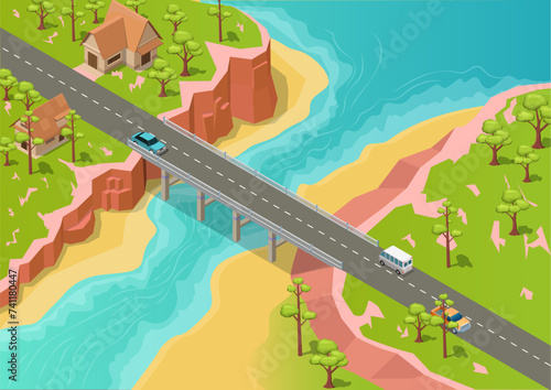 River mouth with mountain and bridge views