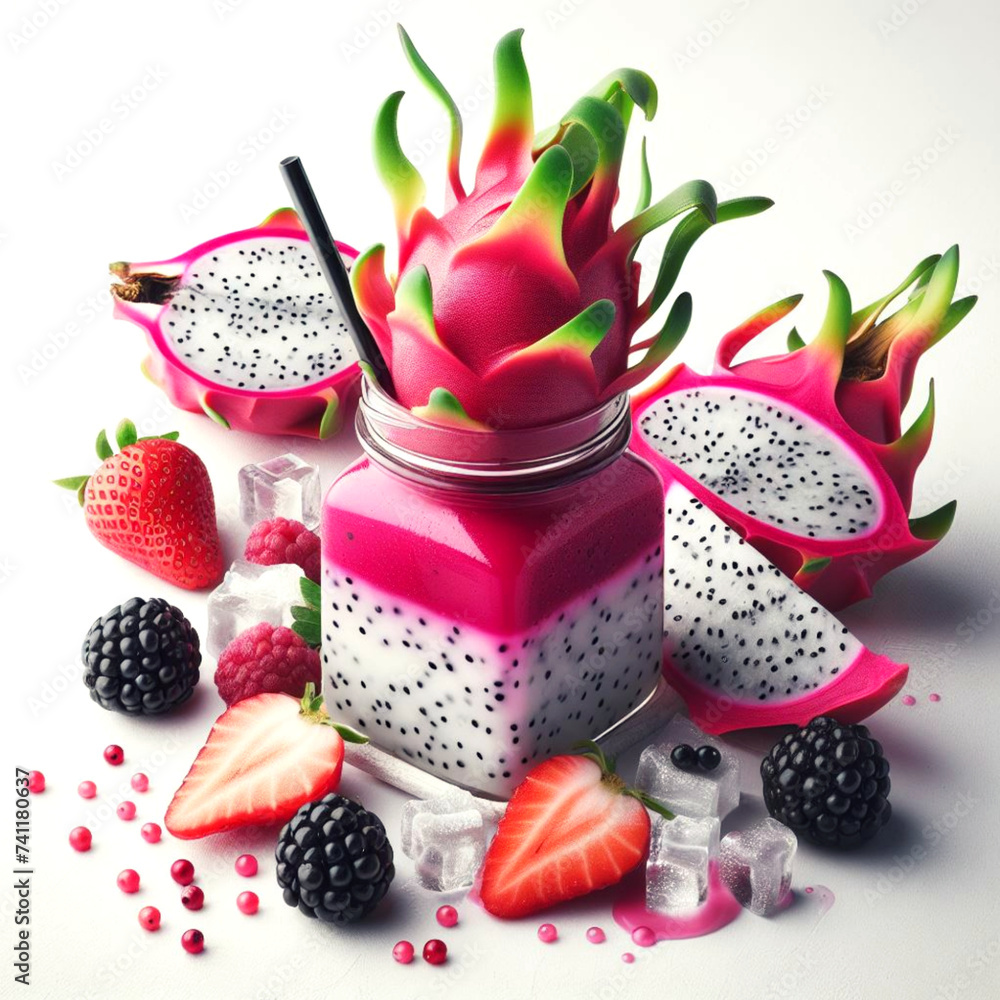 Photo of a glass served with a dragon fruit drink and decorated on top with a dragon fruit and around it with slices of dragon fruit, strawberries and blackberries on a transparent background, PNG Photo of a glass served with a dragon fruit drink and decorated on top with a dragon fruit and around it with slices of dragon fruit, strawberries and blackberries on a transparent background, PNG