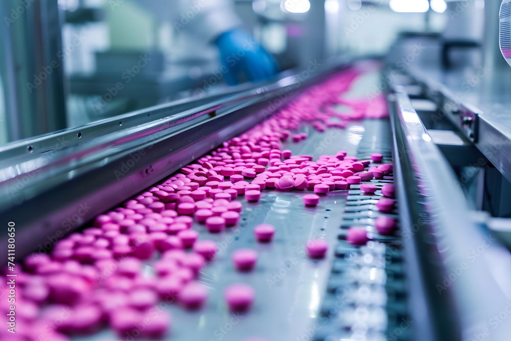 Close-up shot of medical drug production line