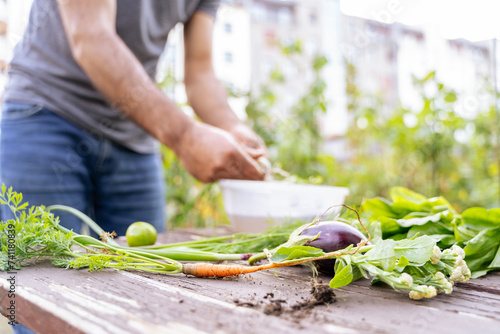 A man cook chef is washing a carrot , eggplant and onion in plastic container by hand outside in a city garden, preparing ingredients for a nutritious dish on a kitchen of an organic bio restaurant