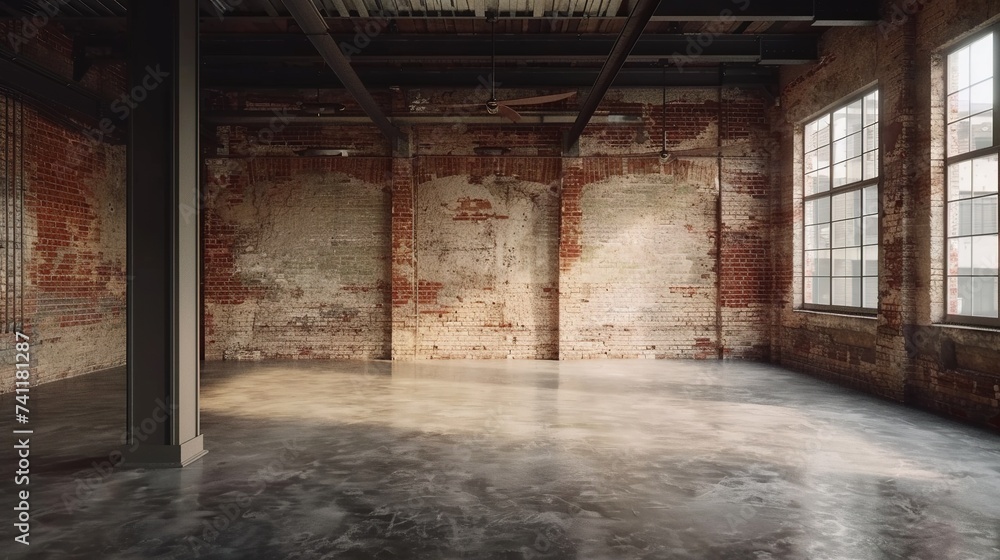 Empty Old Warehouse with Industrial Loft Style. Brick Wall, Concrete Floor, Black Steel Roof
