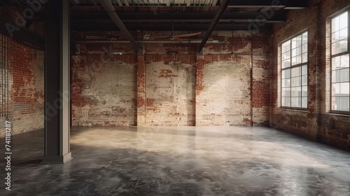 Empty Old Warehouse with Industrial Loft Style. Brick Wall  Concrete Floor  Black Steel Roof 