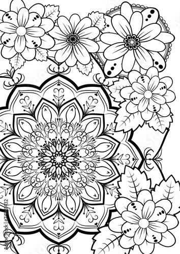 Abstract mandala and flowers for coloring. Vector contour drawing on white background. Anti-stress coloring for adults and children. 
