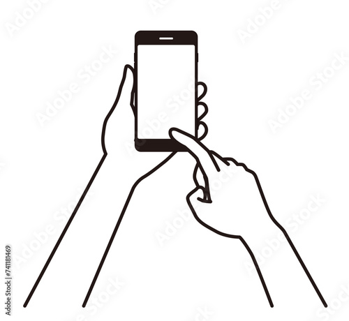 スマホを左手で持ち右手で操作する手元、黒い線で描いたイラスト