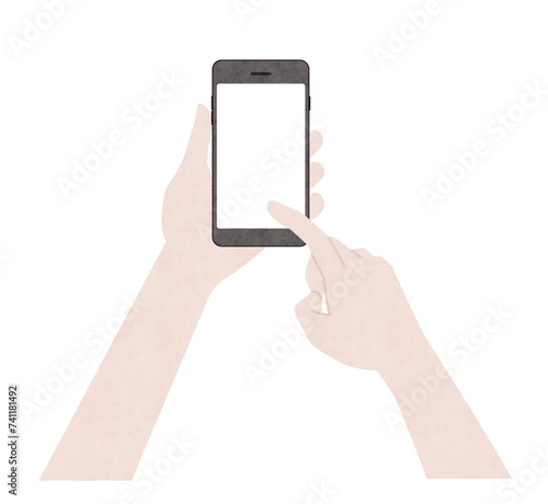  スマホを左手で持ち右手で操作する手元、水彩画風イラスト