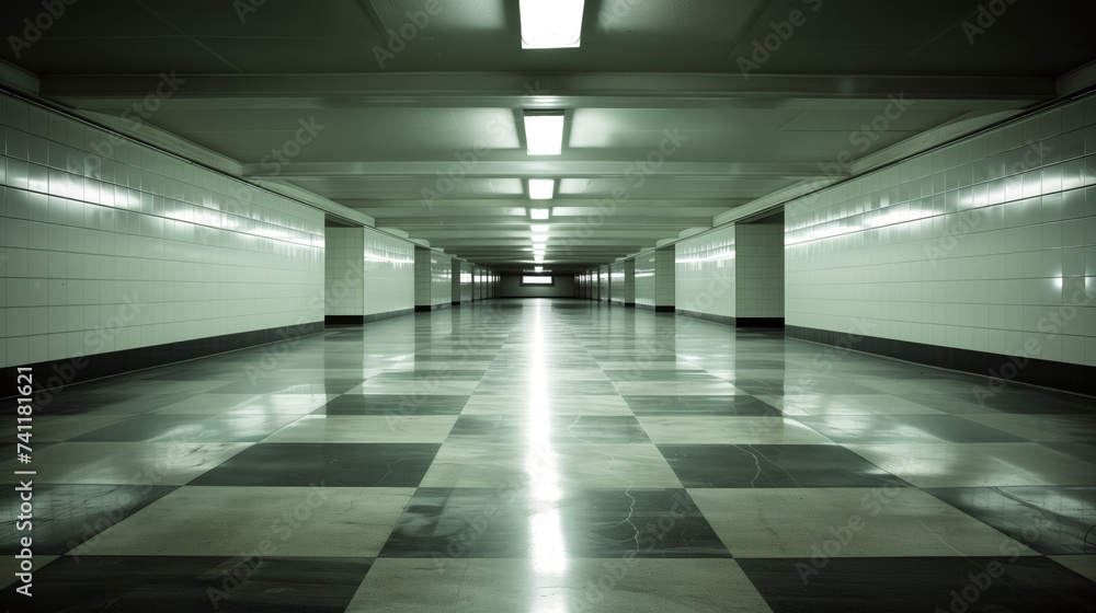 A long, empty corridor with reflective tiled floors, illuminated by overhead lights