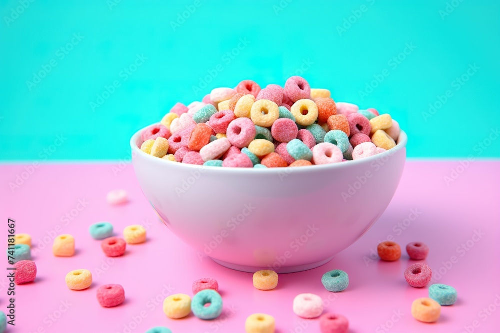 Bowl of cereal on a colorful background, bowl of cereal on a candy color background, cereal dropped in the bowl, healthy food, organic cereal, supermarket promotion