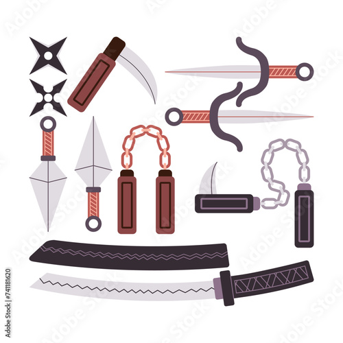 set ninja weapon katana sword knife sai nunchaku shuriken kusarigama battle equipment