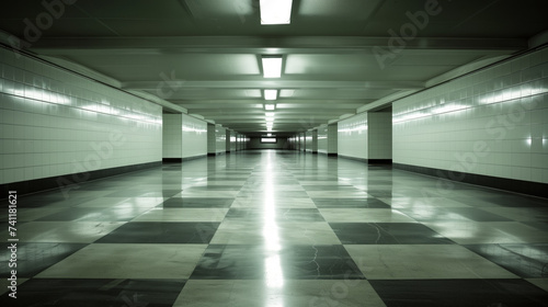 A long, empty corridor with reflective tiled floors, illuminated by overhead lights