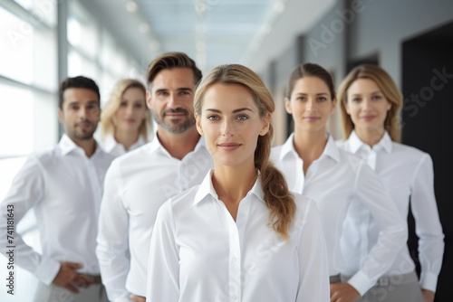 Group of business men and women wearing white shirts on office background, business team, company recruitment, shirt sale