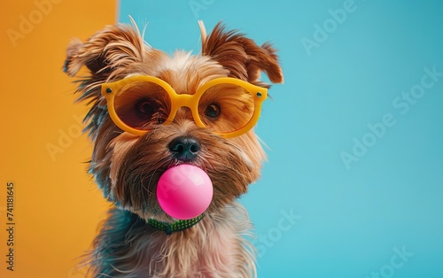 Yorkshire Terrier dog blowing bubble gum wearing sunglasses fashion portrait on solid pastel background. presentation. advertisement. invitation. copy text space.