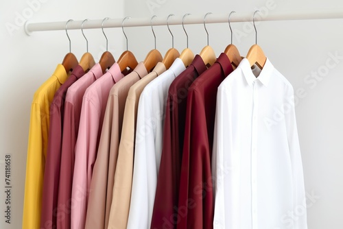 Row of colorful shirts on hangers, colorful shirts hanging on shelves, clothing classifieds, clothing sale