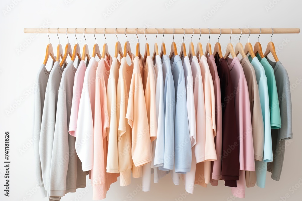 A row of colorful short-sleeved T-shirts hanging on the shelf, colorful short-sleeved T-shirts, summer clothing sale, new summer clothing, online shopping website classification