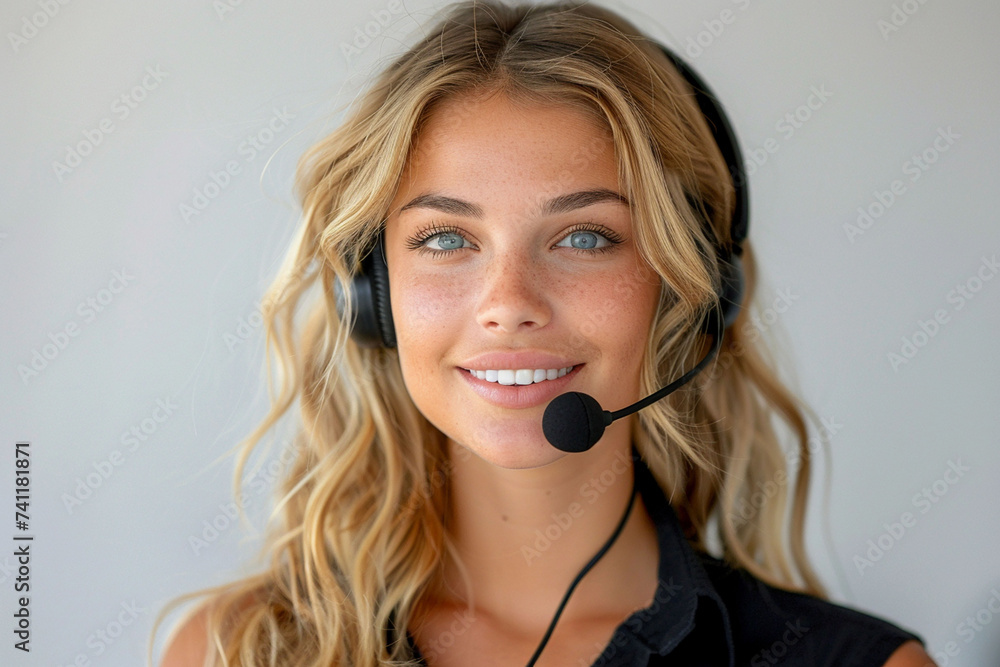 A television presenter with long, layered blonde hair is wearing electric blue lipstick, smiling at the camera while wearing a headset A television presenter with long, layered blonde hair is wearing electric blue lipstick, smiling at the camera while wearing a headset