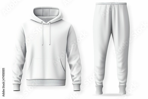 White sweatshirt with hood and sweatpants isolated on white, hooded tracksuit suit mockup photo