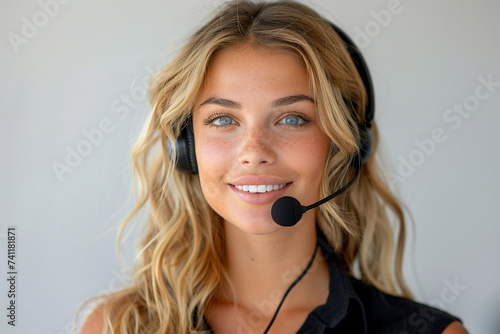 A television presenter with long, layered blonde hair is wearing electric blue lipstick, smiling at the camera while wearing a headset